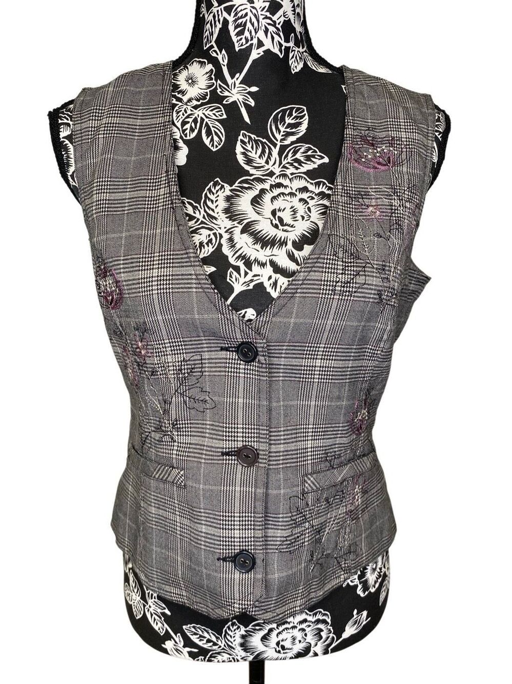 Erin London Plaid Embroidered Vest Womens 8 Career Office Academia Top Workwear